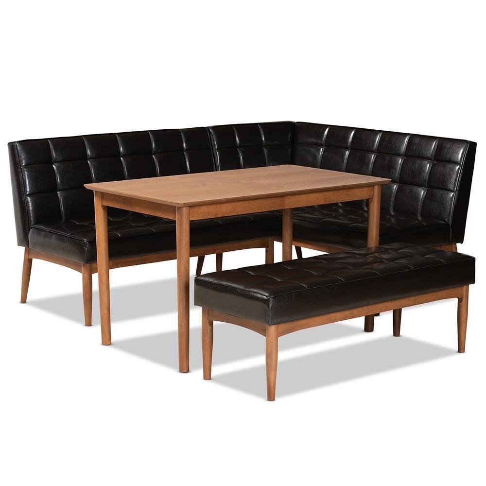 Sanford Mid-Century Modern Dark Brown Faux Leather Upholstered and Walnut Brown Finished Wood 4-Piece Dining Nook Set FredCo