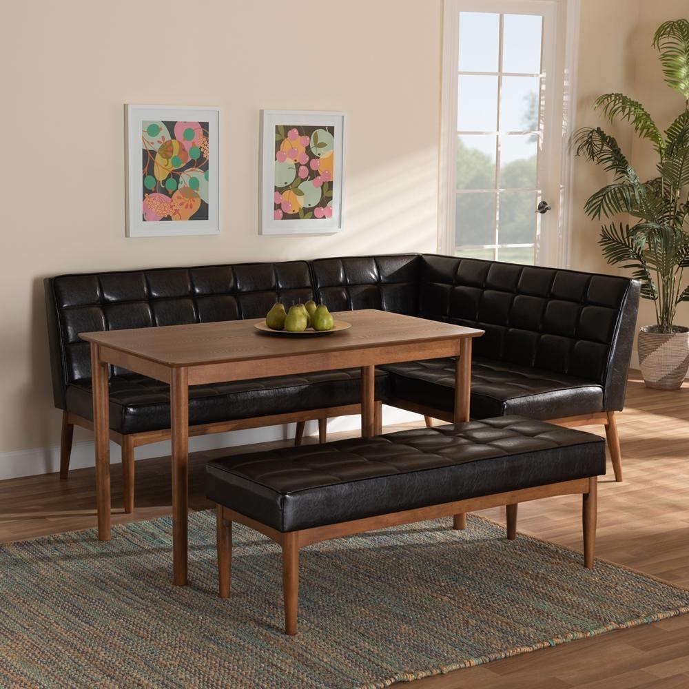 Sanford Mid-Century Modern Dark Brown Faux Leather Upholstered and Walnut Brown Finished Wood 4-Piece Dining Nook Set FredCo