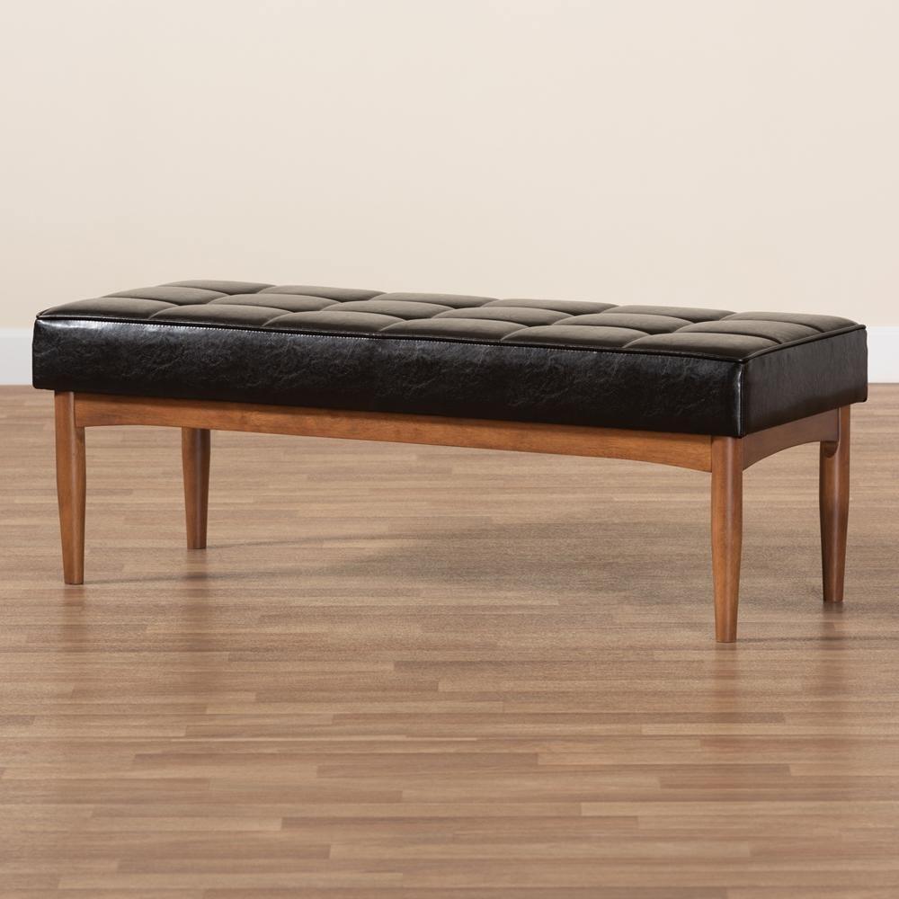 Sanford Mid-Century Modern Dark Brown Faux Leather Upholstered and Walnut Brown Finished Wood Dining Bench FredCo