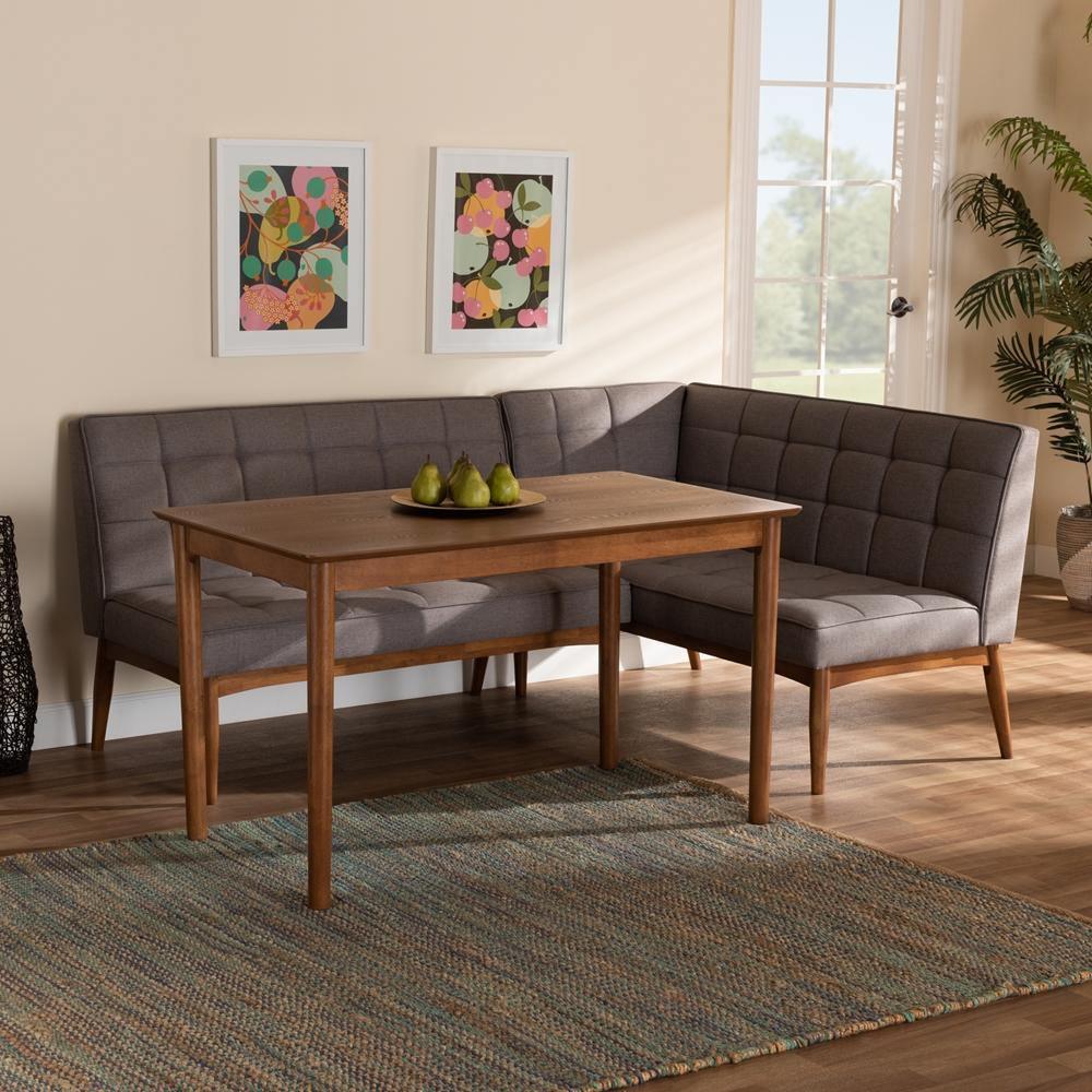 Sanford Mid-Century Modern Grey Fabric Upholstered and Walnut Brown Finished Wood 3-Piece Dining Nook Set FredCo