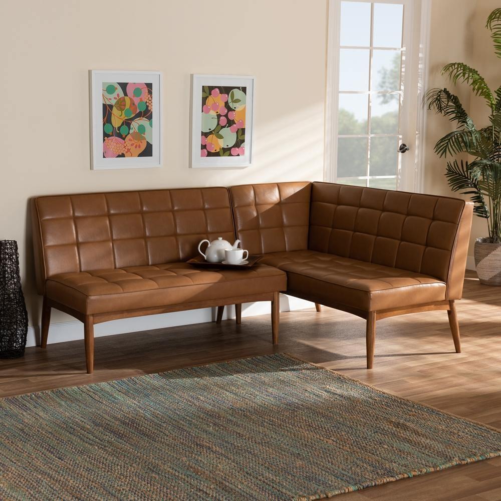 Sanford Mid-Century Modern Tan Faux Leather Upholstered and Walnut Brown Finished Wood 2-Piece Dining Nook Banquette Set FredCo