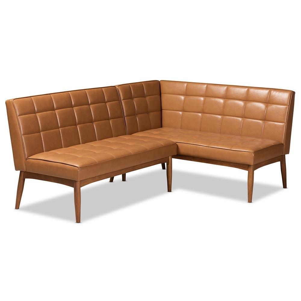 Sanford Mid-Century Modern Tan Faux Leather Upholstered and Walnut Brown Finished Wood 2-Piece Dining Nook Banquette Set FredCo
