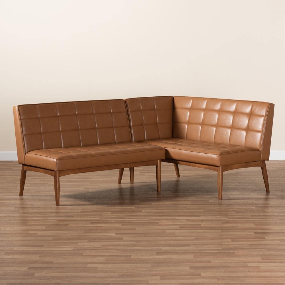 Sanford Mid-Century Modern Tan Faux Leather Upholstered and Walnut Brown Finished Wood 2-Piece Dining Nook Banquette Set FredCo