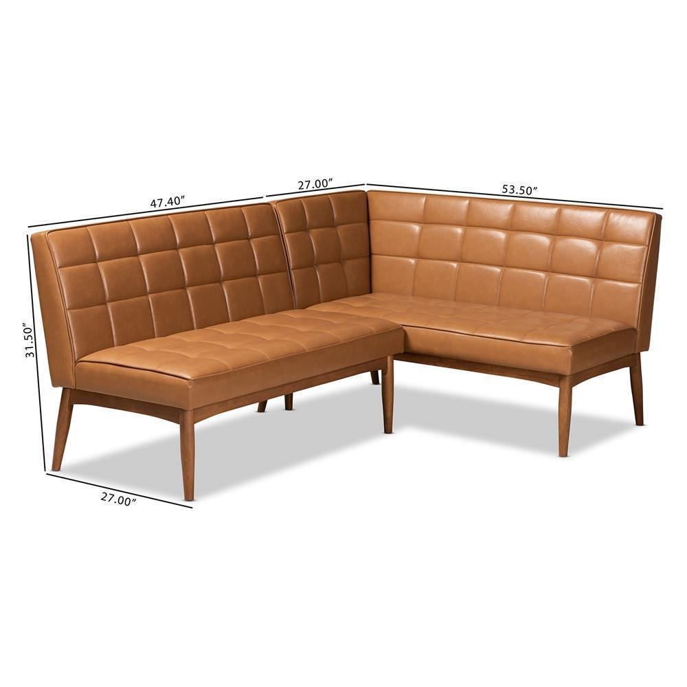 Sanford Mid-Century Modern Tan Faux Leather Upholstered and Walnut Brown Finished Wood 2-Piece Dining Nook Banquette Set FredCo
