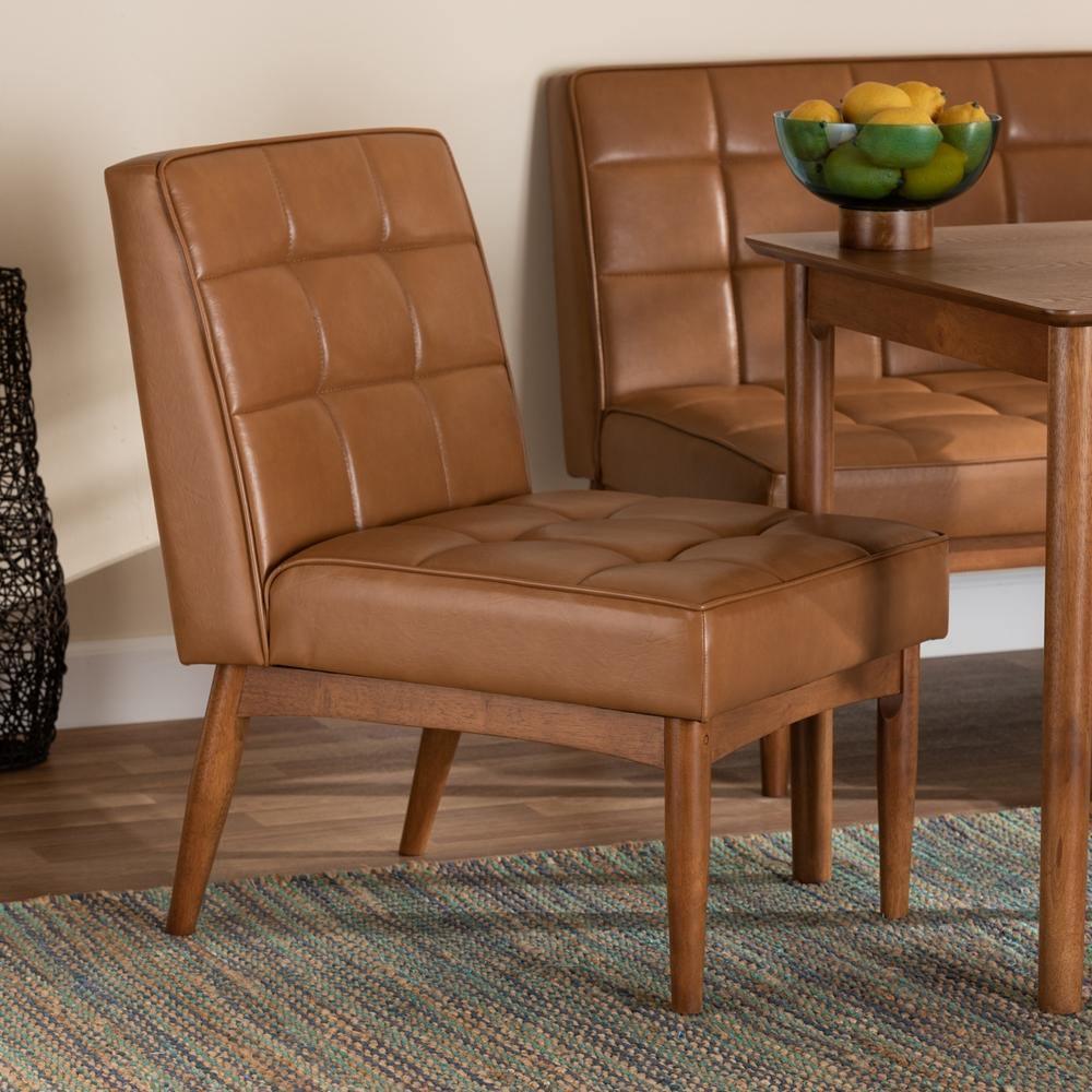 Sanford Mid-Century Modern Tan Faux Leather Upholstered and Walnut Brown Finished Wood Dining Chair FredCo