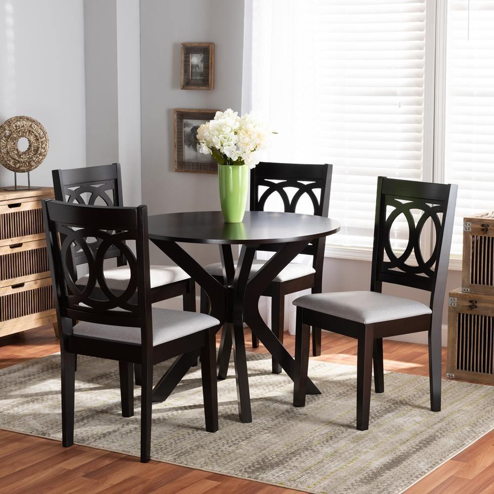 Sanne Modern and Contemporary Grey Fabric Upholstered and Dark Brown Finished Wood 5-Piece Dining Set FredCo