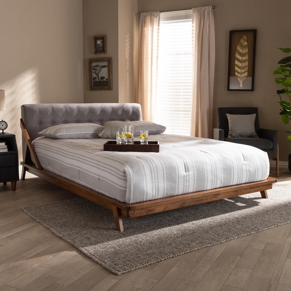 Sante Mid-Century Modern Grey Fabric Upholstered Wood Queen Size Platform Bed FredCo