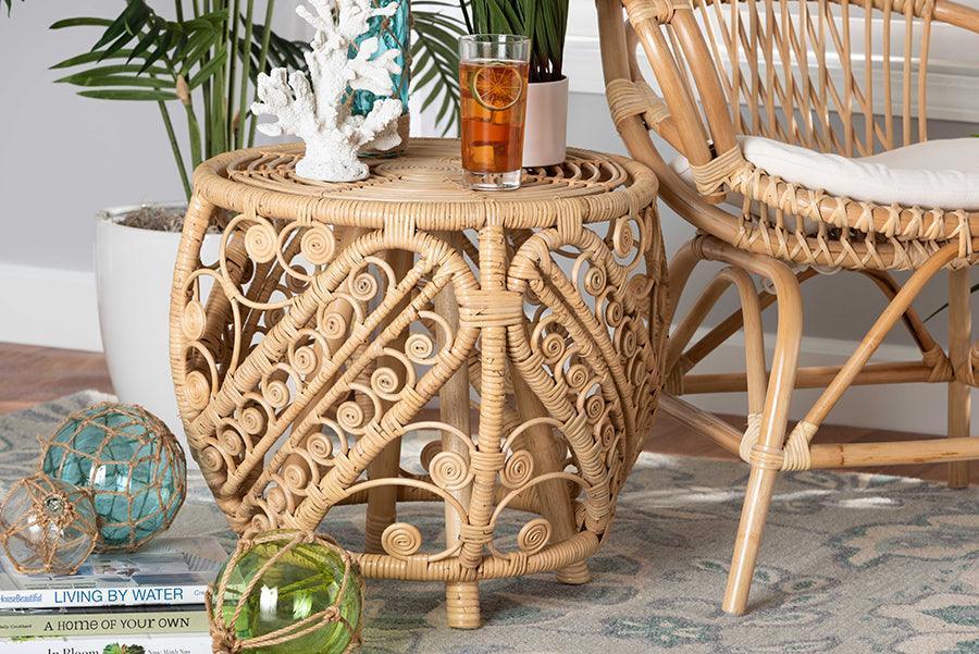 Saranna Modern Bohemian Natural Brown Finished Rattan End Table FredCo
