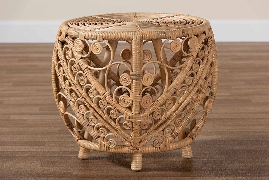 Saranna Modern Bohemian Natural Brown Finished Rattan End Table FredCo
