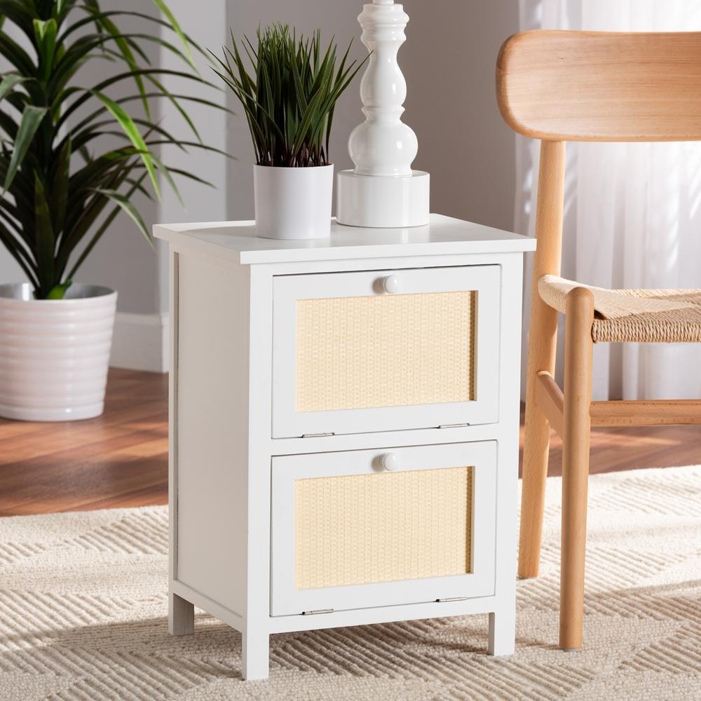Sariah Mid-Century Modern White Finished Wood and Rattan 2-Door Nightstand FredCo
