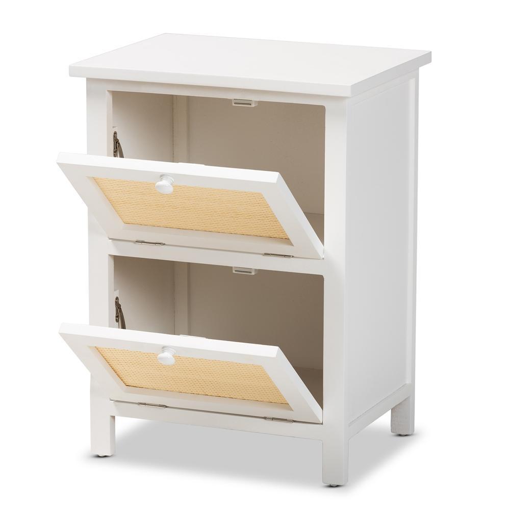 Sariah Mid-Century Modern White Finished Wood and Rattan 2-Door Nightstand FredCo