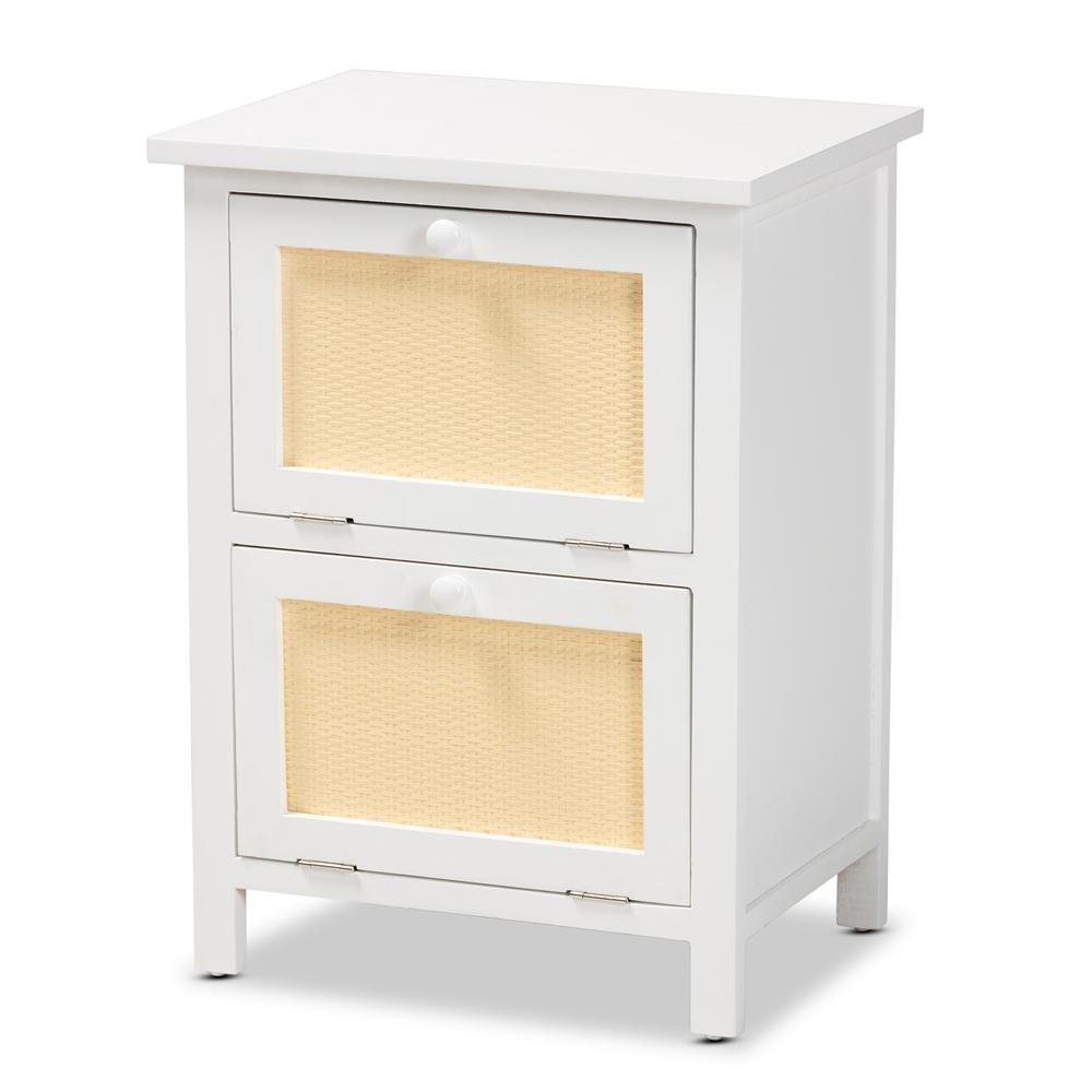 Sariah Mid-Century Modern White Finished Wood and Rattan 2-Door Nightstand FredCo