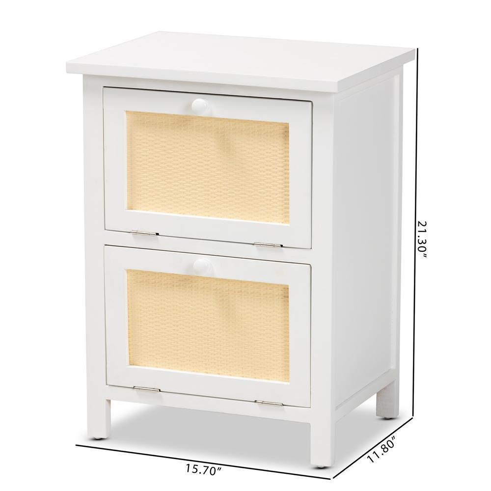 Sariah Mid-Century Modern White Finished Wood and Rattan 2-Door Nightstand FredCo