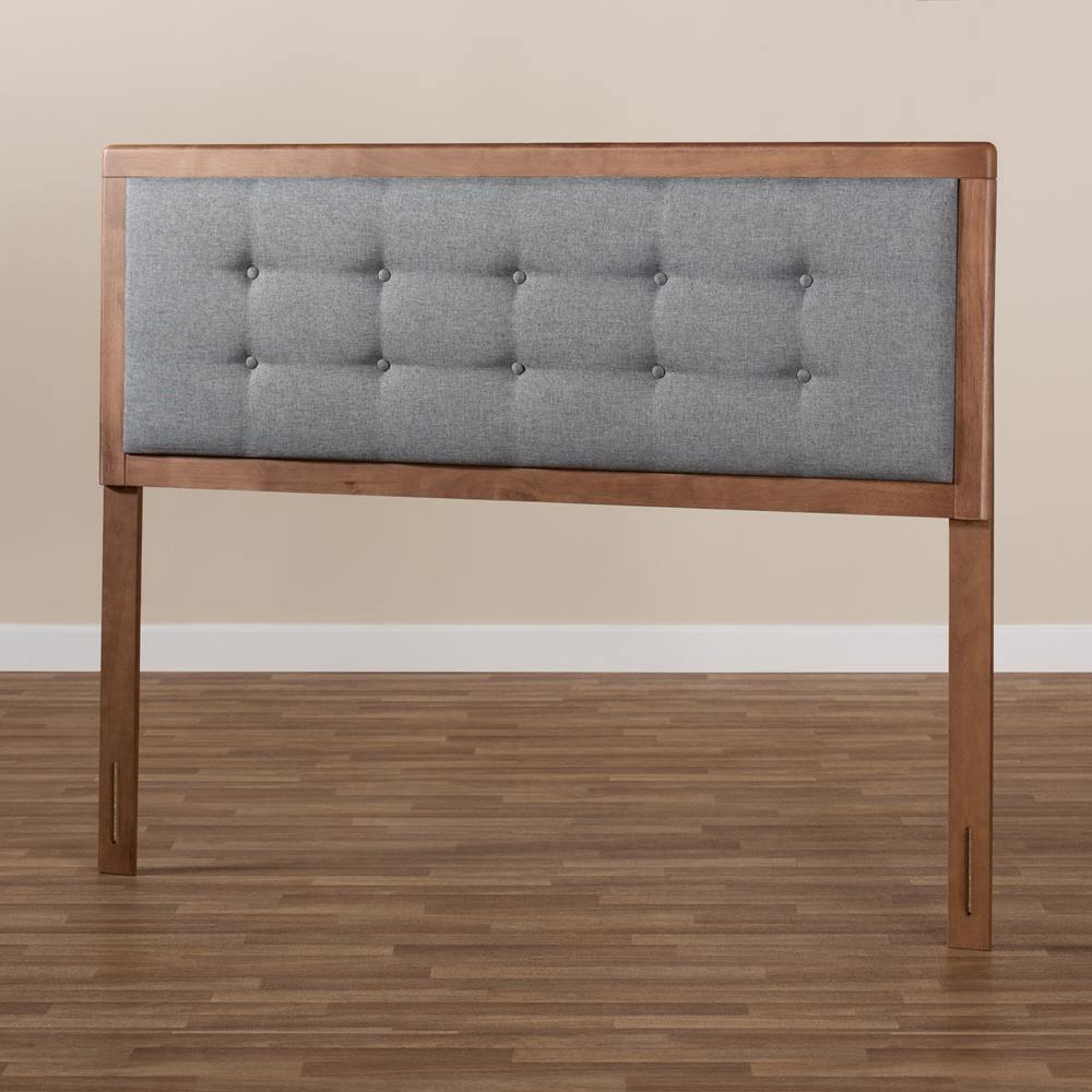 Sarine Mid-Century Modern Dark Grey Fabric Upholstered Walnut Brown Finished Wood Queen Size Headboard FredCo