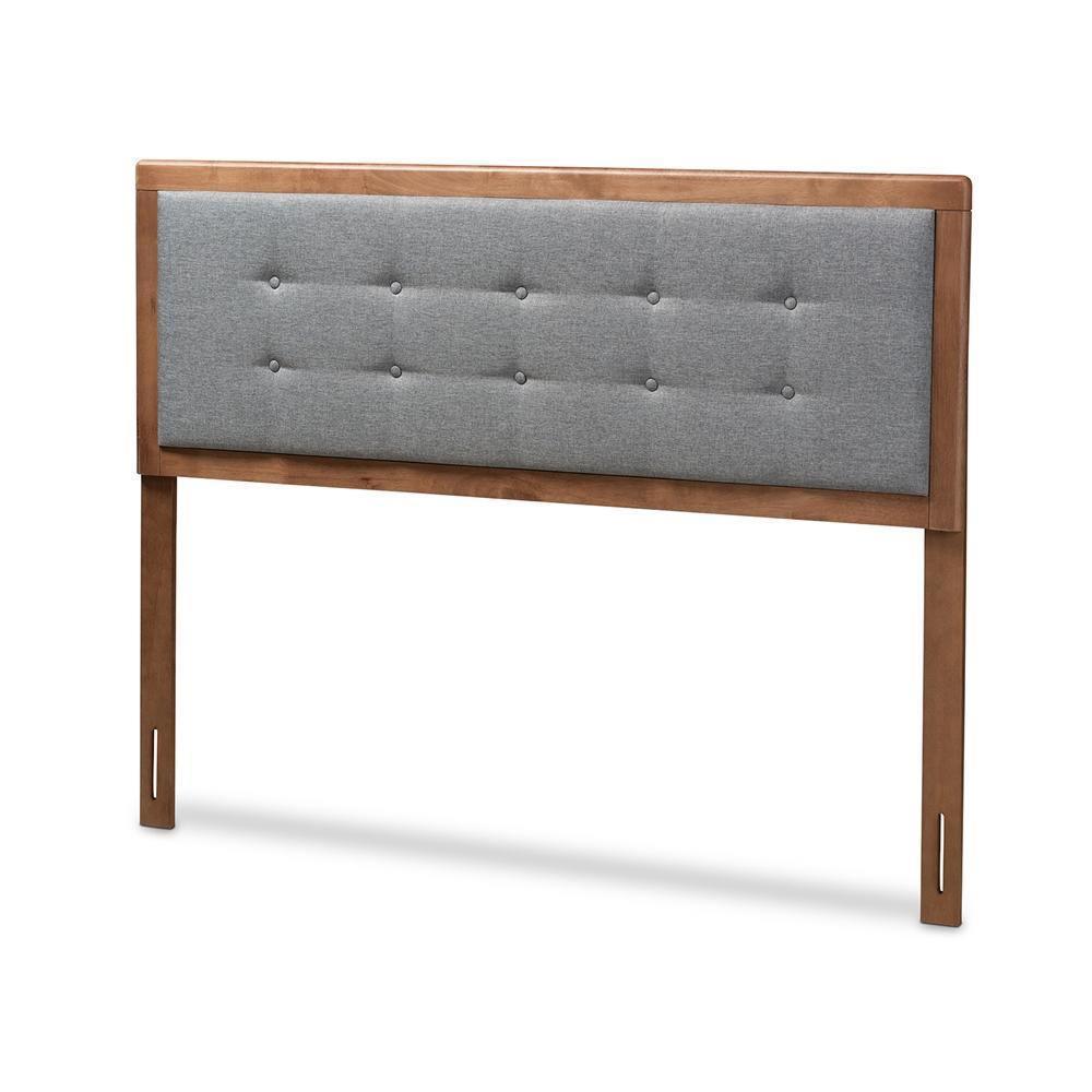 Sarine Mid-Century Modern Dark Grey Fabric Upholstered Walnut Brown Finished Wood Queen Size Headboard FredCo