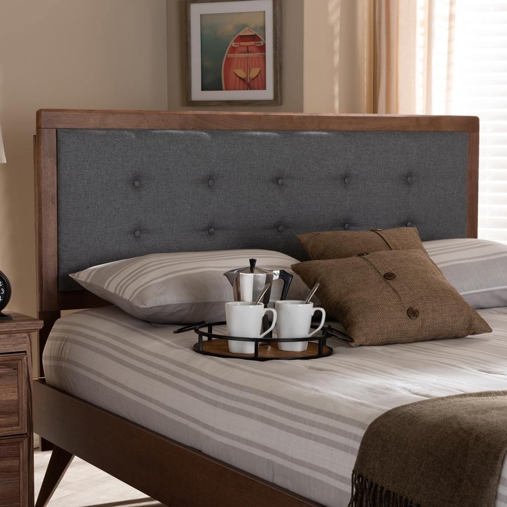 Sarine Mid-Century Modern Dark Grey Fabric Upholstered Walnut Brown Finished Wood Queen Size Headboard FredCo