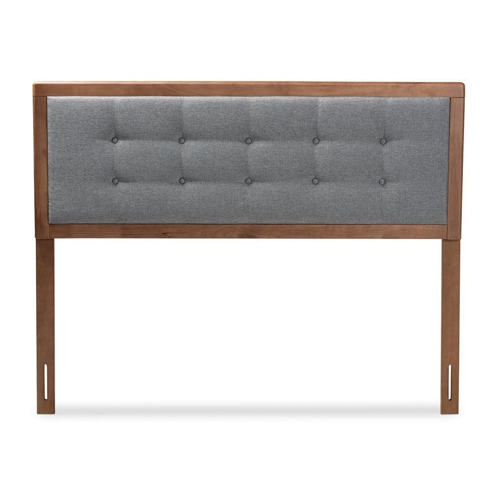 Sarine Mid-Century Modern Dark Grey Fabric Upholstered Walnut Brown Finished Wood Queen Size Headboard FredCo