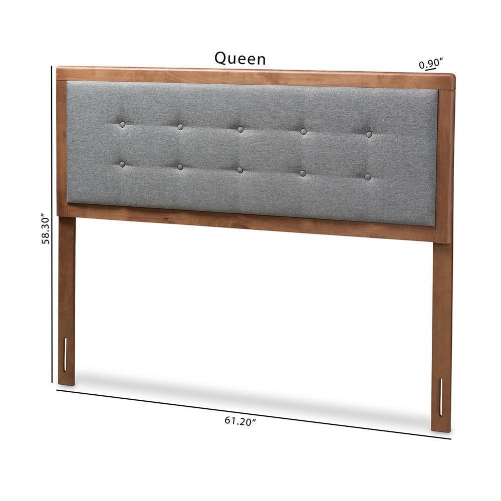 Sarine Mid-Century Modern Dark Grey Fabric Upholstered Walnut Brown Finished Wood Queen Size Headboard FredCo