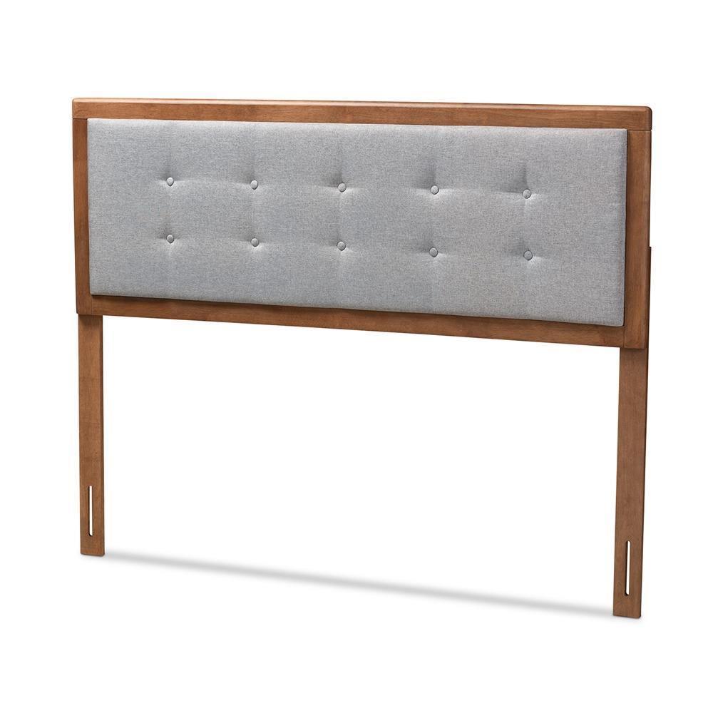 Sarine Mid-Century Modern Light Grey Fabric Upholstered Walnut Brown Finished Wood King Size Headboard FredCo