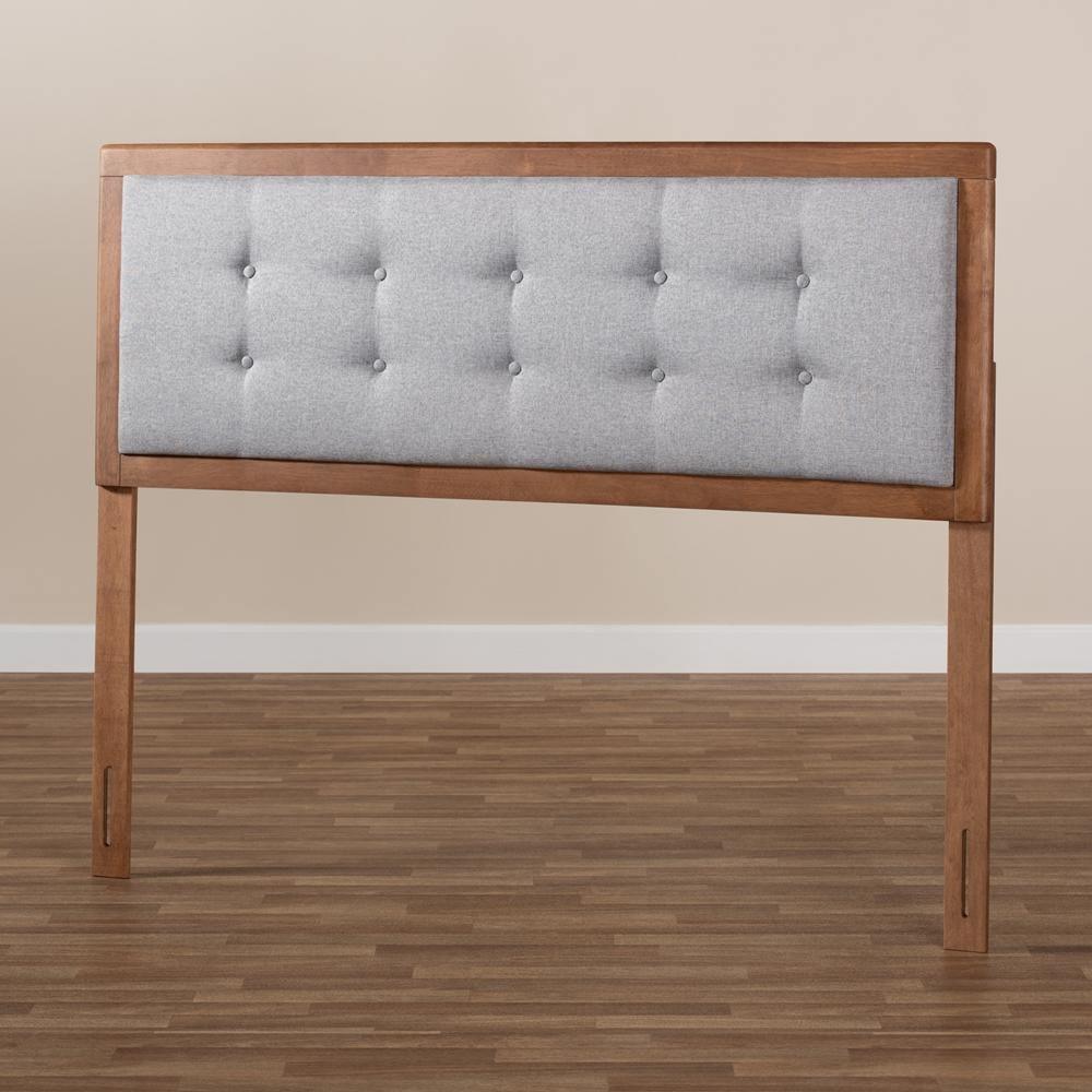 Sarine Mid-Century Modern Light Grey Fabric Upholstered Walnut Brown Finished Wood King Size Headboard FredCo