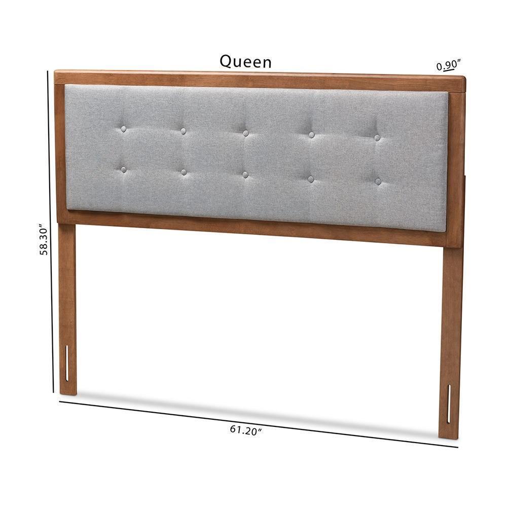 Sarine Mid-Century Modern Light Grey Fabric Upholstered Walnut Brown Finished Wood Queen Size Headboard FredCo