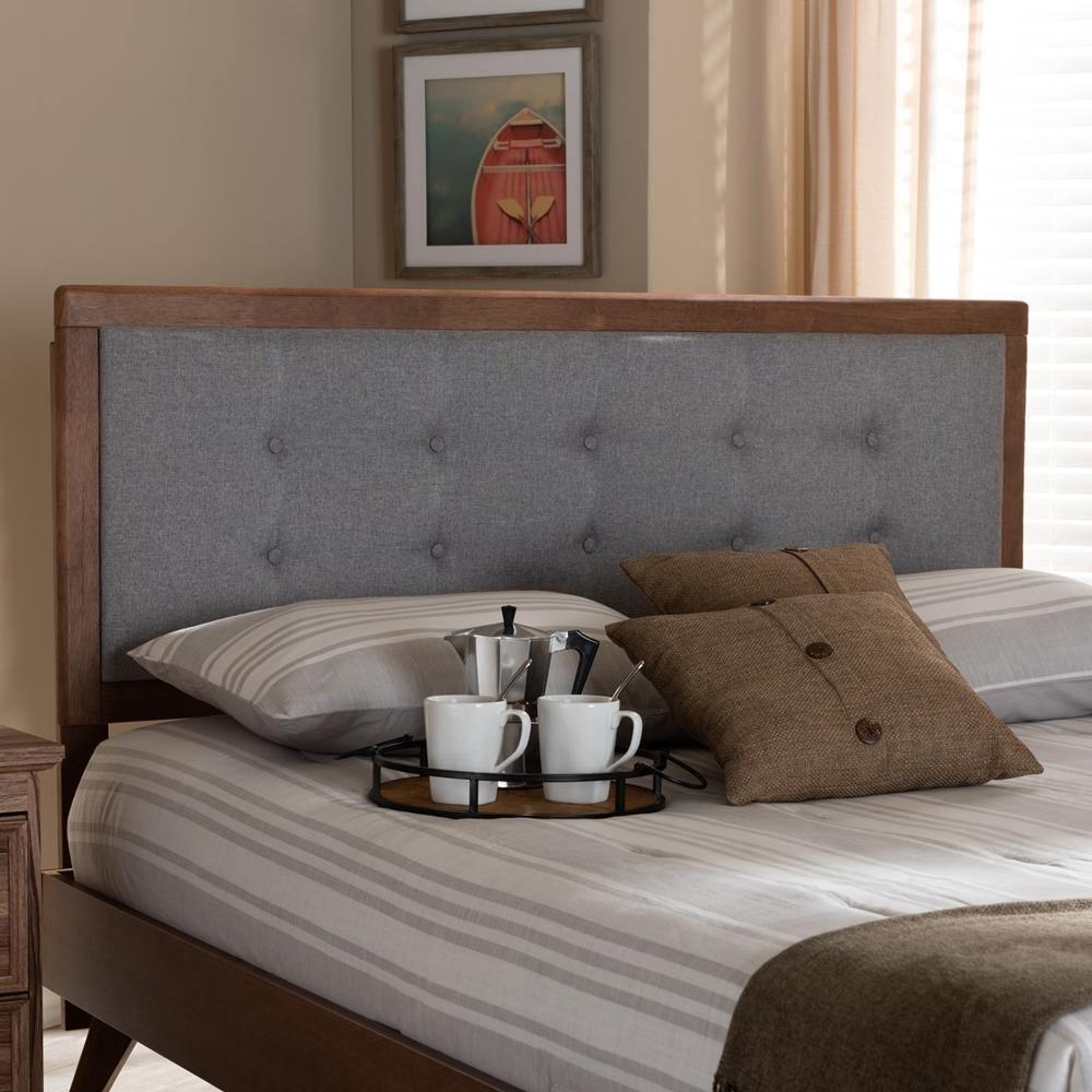 Sarine Mid-Century Modern Light Grey Fabric Upholstered Walnut Brown Finished Wood Queen Size Headboard FredCo