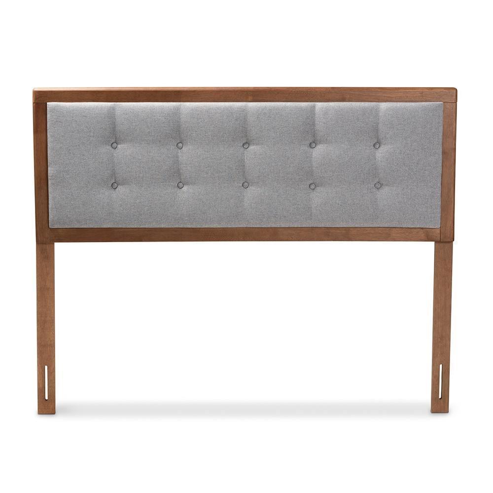 Sarine Mid-Century Modern Light Grey Fabric Upholstered Walnut Brown Finished Wood Queen Size Headboard FredCo