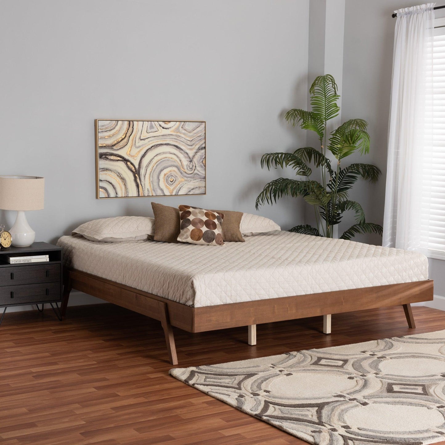 Sarita Mid-Century Modern Ash Walnut Finished Wood King Size Bed Frame FredCo