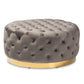 Sasha Glam and Luxe Grey Velvet Fabric Upholstered Gold Finished Round Cocktail Ottoman FredCo