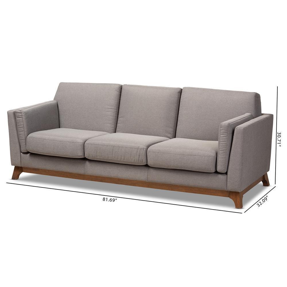 Sava Mid-Century Modern Grey Fabric Upholstered Walnut Wood 3-Seater Sofa FredCo