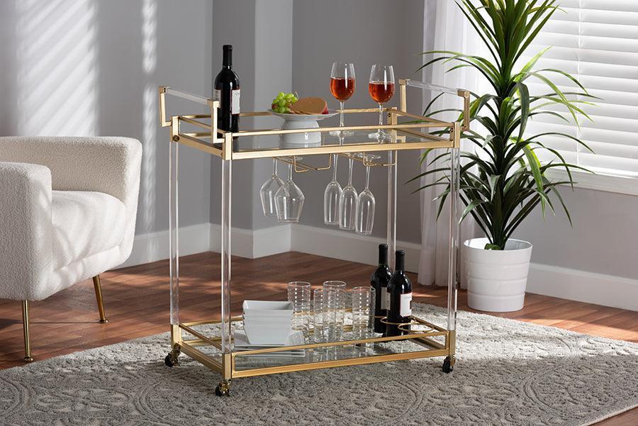 Savannah Contemporary Glam and Luxe Gold Metal and Glass Wine Cart FredCo