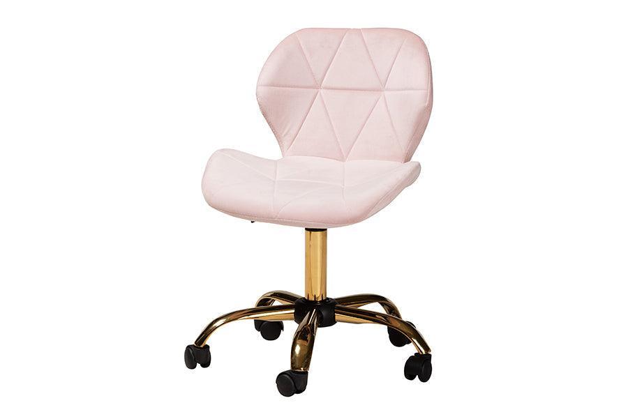 Savara Contemporary Glam and Luxe Blush Pink Velvet Fabric and Gold Metal Swivel Office Chair FredCo