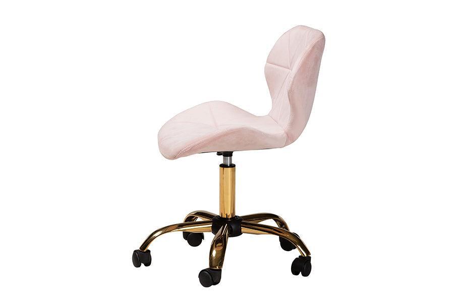 Savara Contemporary Glam and Luxe Blush Pink Velvet Fabric and Gold Metal Swivel Office Chair FredCo