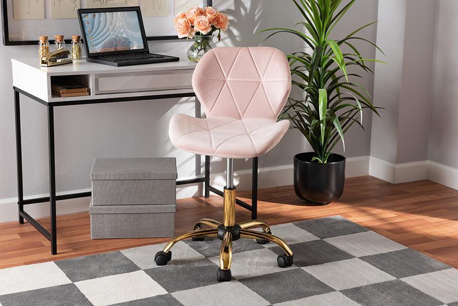 Savara Contemporary Glam and Luxe Blush Pink Velvet Fabric and Gold Metal Swivel Office Chair FredCo