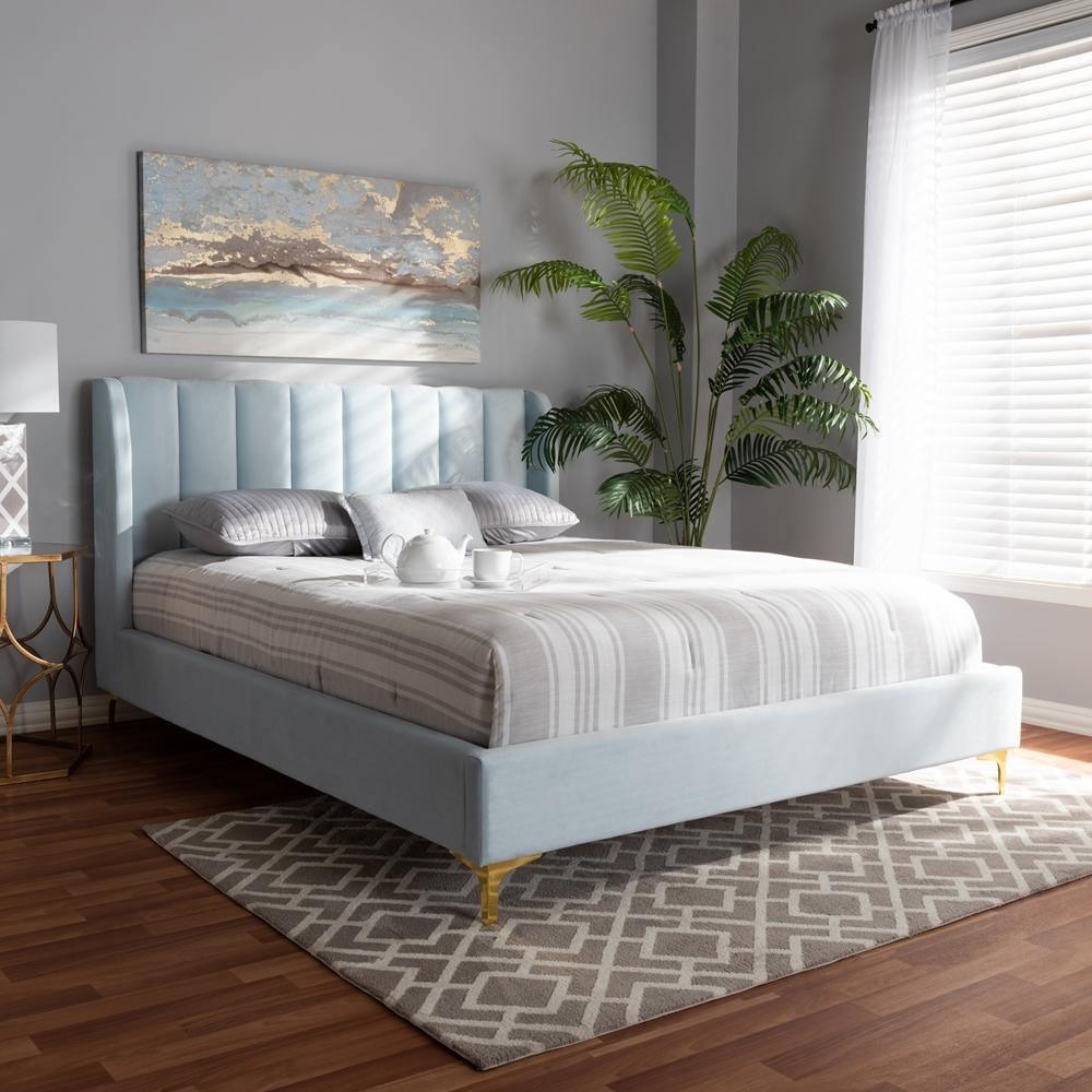 Saverio Glam and Luxe Light Blue Velvet Fabric Upholstered Queen Size Platform Bed with Gold-Tone Legs FredCo