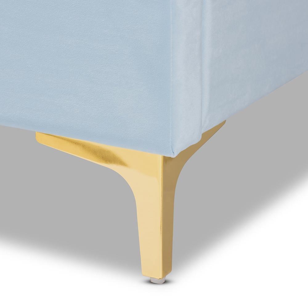 Saverio Glam and Luxe Light Blue Velvet Fabric Upholstered Queen Size Platform Bed with Gold-Tone Legs FredCo
