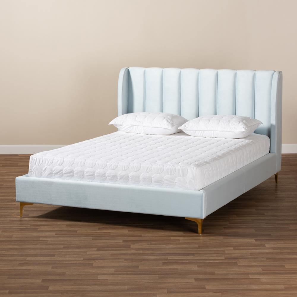 Saverio Glam and Luxe Light Blue Velvet Fabric Upholstered Queen Size Platform Bed with Gold-Tone Legs FredCo