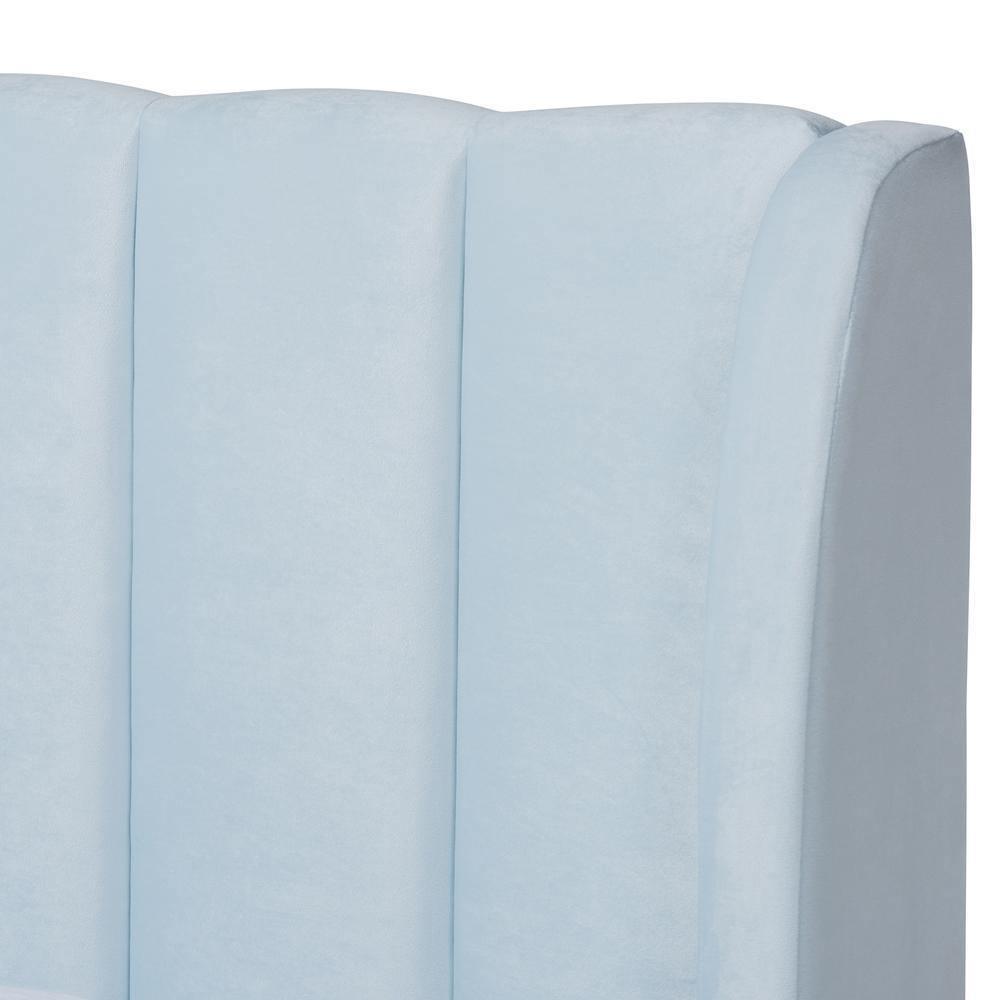 Saverio Glam and Luxe Light Blue Velvet Fabric Upholstered Queen Size Platform Bed with Gold-Tone Legs FredCo