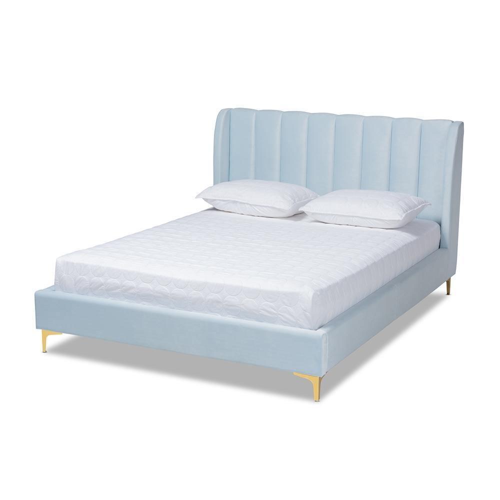 Saverio Glam and Luxe Light Blue Velvet Fabric Upholstered Queen Size Platform Bed with Gold-Tone Legs FredCo