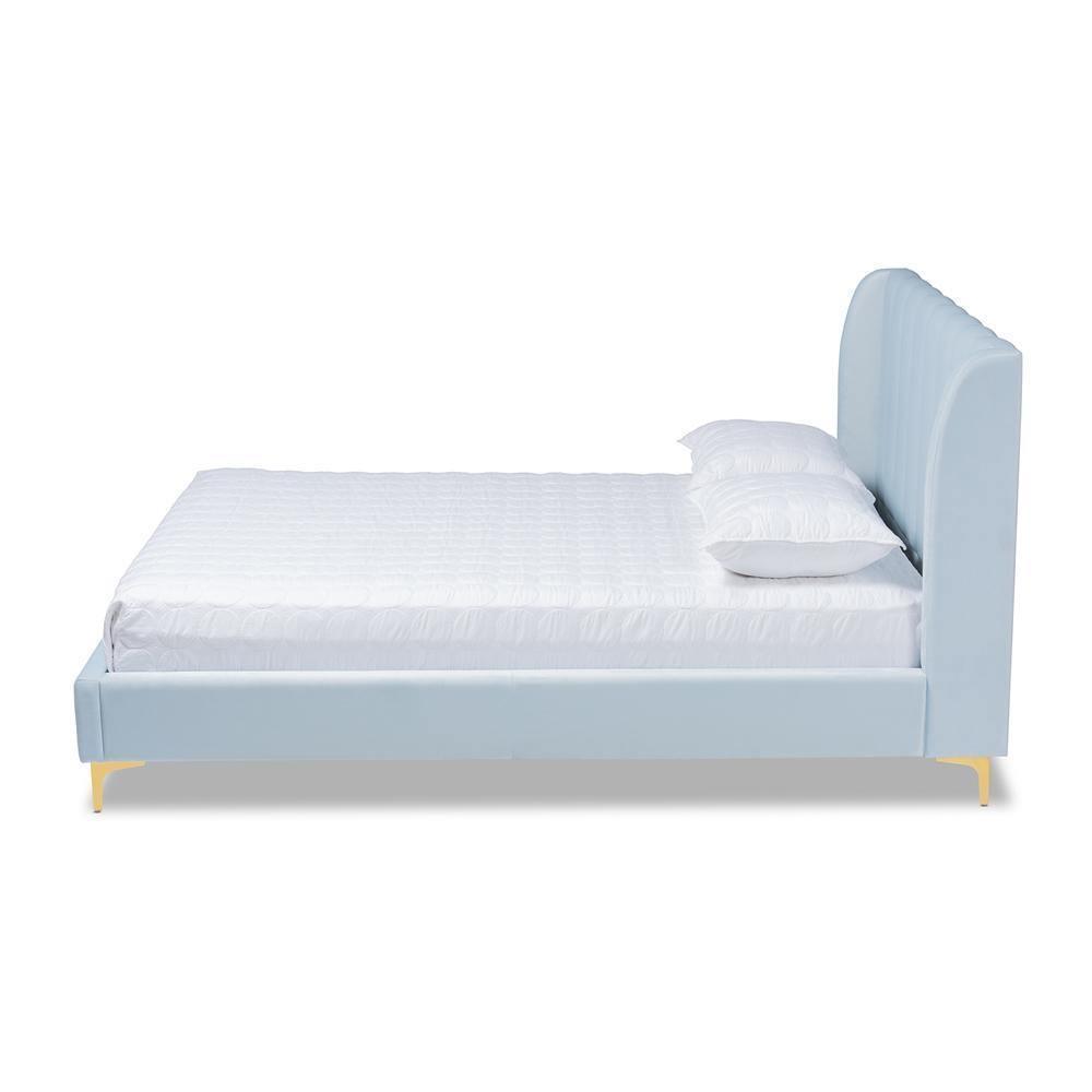 Saverio Glam and Luxe Light Blue Velvet Fabric Upholstered Queen Size Platform Bed with Gold-Tone Legs FredCo
