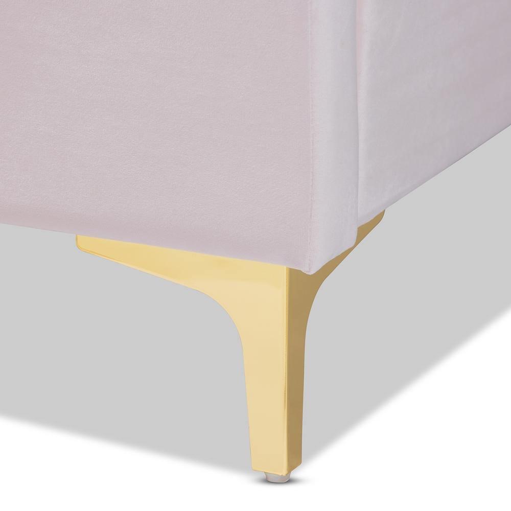 Saverio Glam and Luxe Light Pink Velvet Fabric Upholstered Queen Size Platform Bed with Gold-Tone Legs FredCo