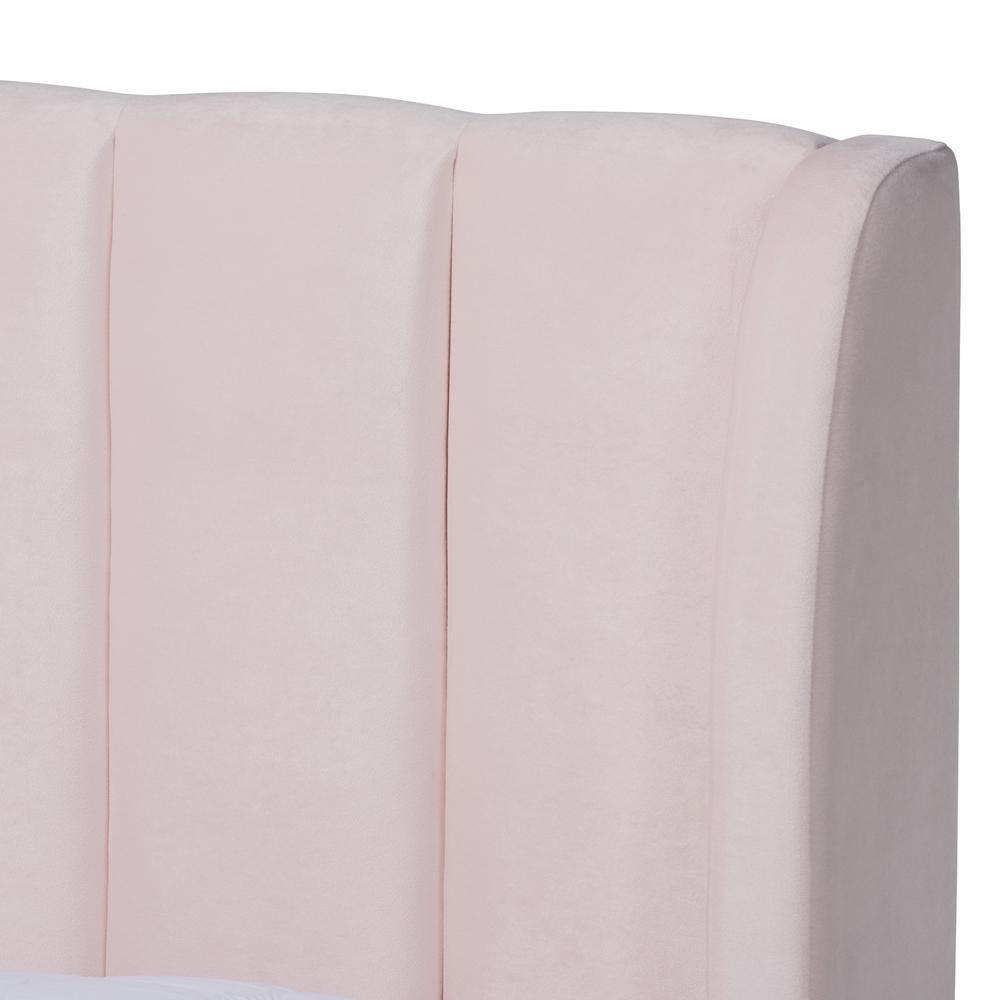 Saverio Glam and Luxe Light Pink Velvet Fabric Upholstered Queen Size Platform Bed with Gold-Tone Legs FredCo