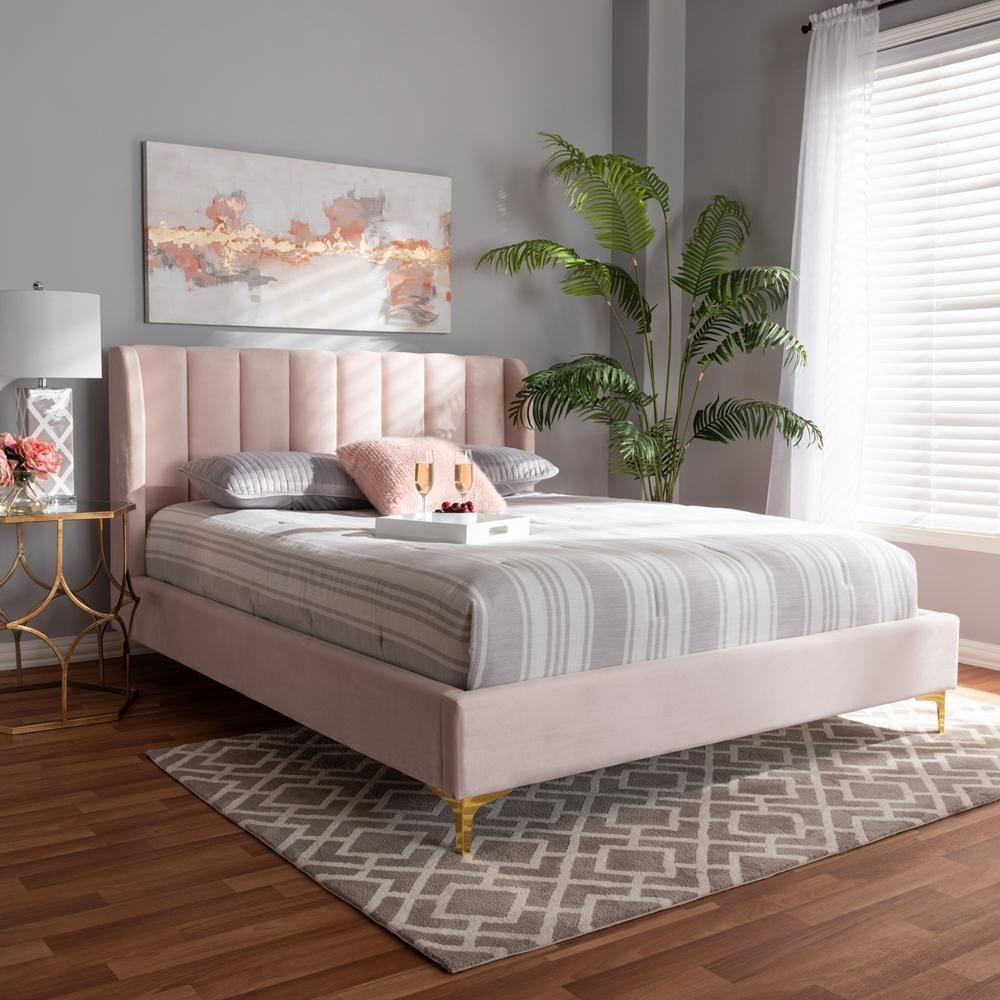 Saverio Glam and Luxe Light Pink Velvet Fabric Upholstered Queen Size Platform Bed with Gold-Tone Legs FredCo