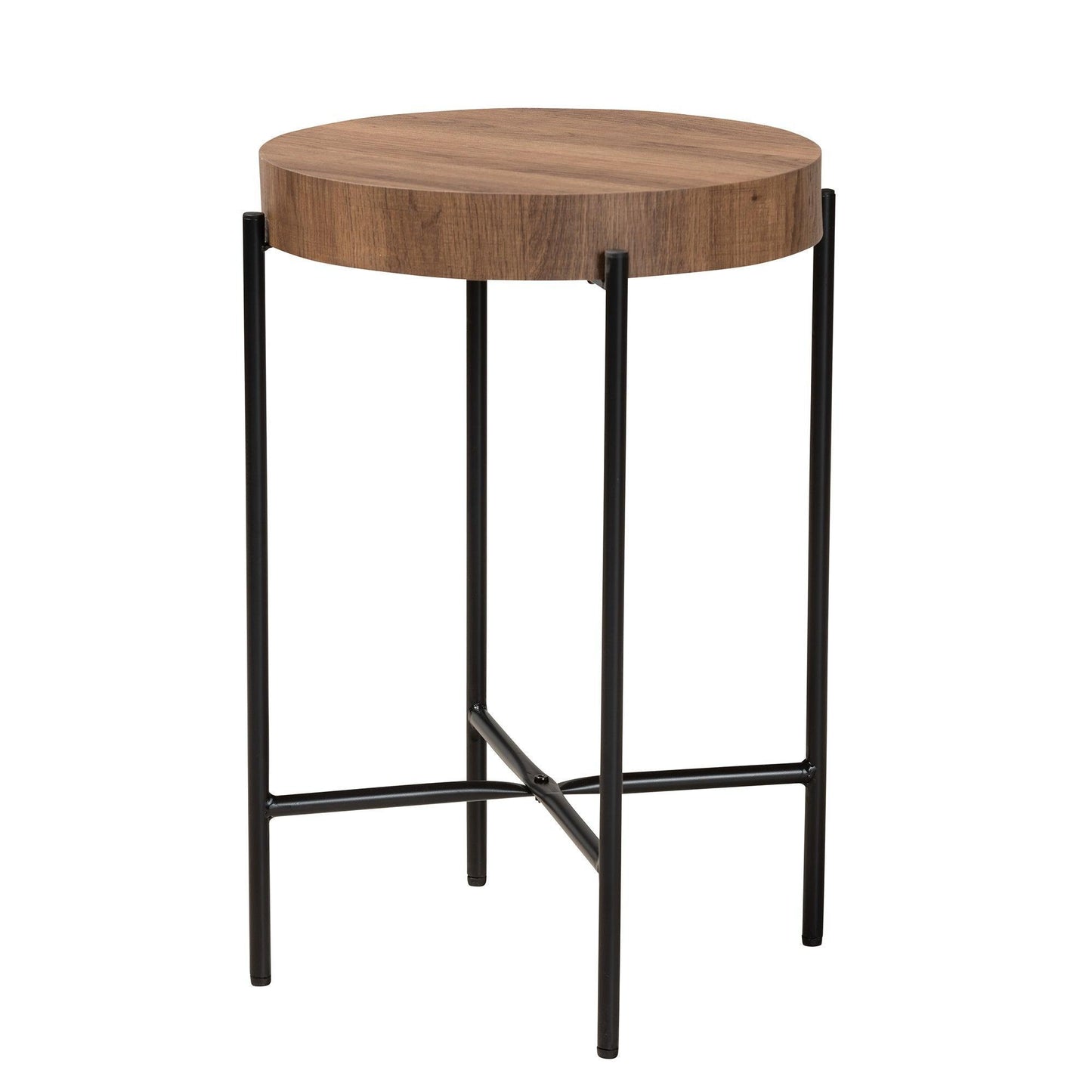 Savion Modern Industrial Walnut Brown Finished Wood and Black Metal End Table FredCo