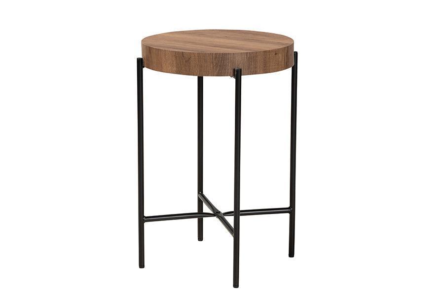 Savion Modern Industrial Walnut Brown Finished Wood and Black Metal End Table FredCo
