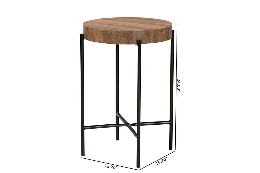 Savion Modern Industrial Walnut Brown Finished Wood and Black Metal End Table FredCo
