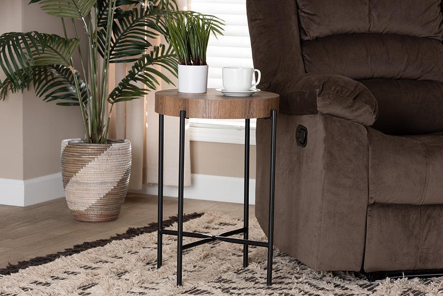 Savion Modern Industrial Walnut Brown Finished Wood and Black Metal End Table FredCo