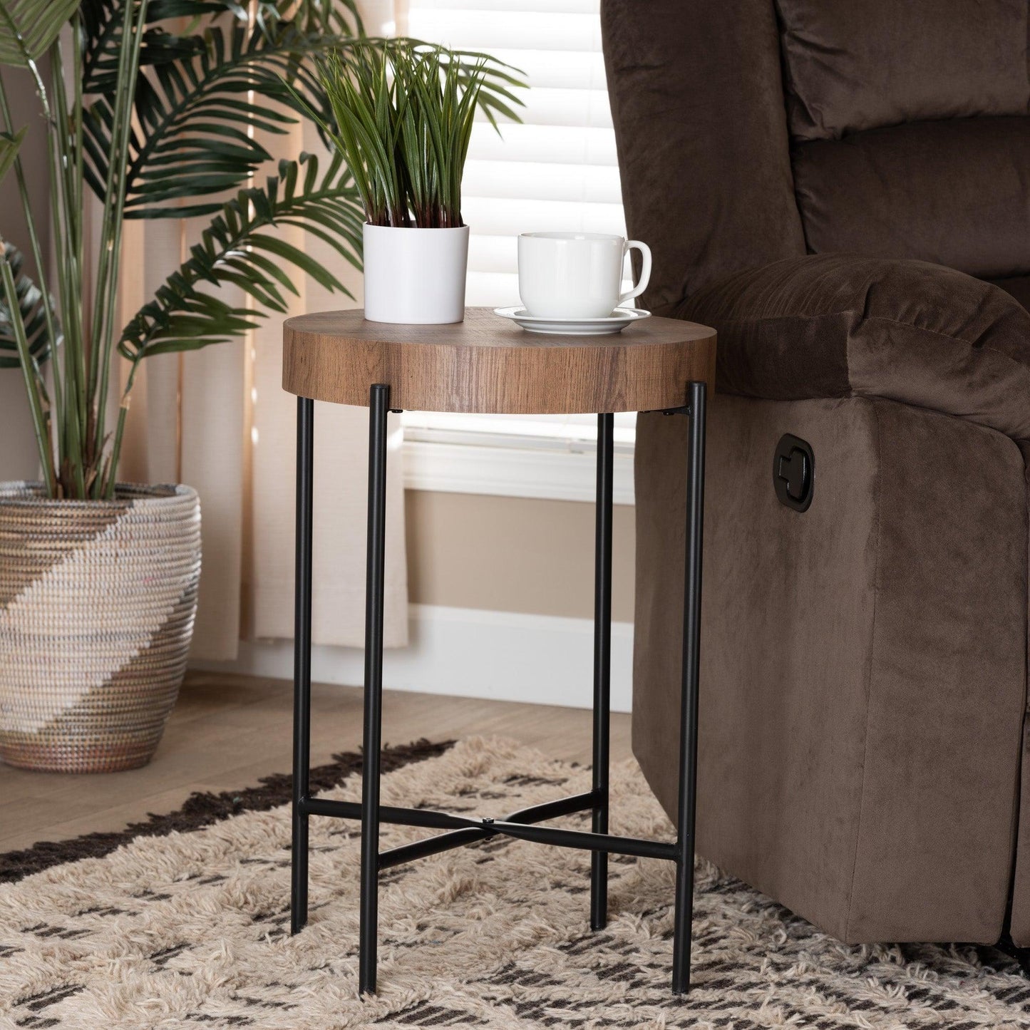 Savion Modern Industrial Walnut Brown Finished Wood and Black Metal End Table FredCo