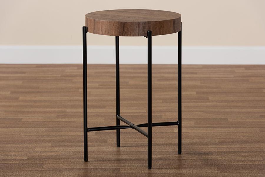 Savion Modern Industrial Walnut Brown Finished Wood and Black Metal End Table FredCo