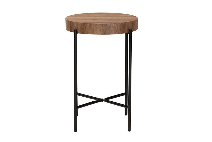 Savion Modern Industrial Walnut Brown Finished Wood and Black Metal End Table FredCo